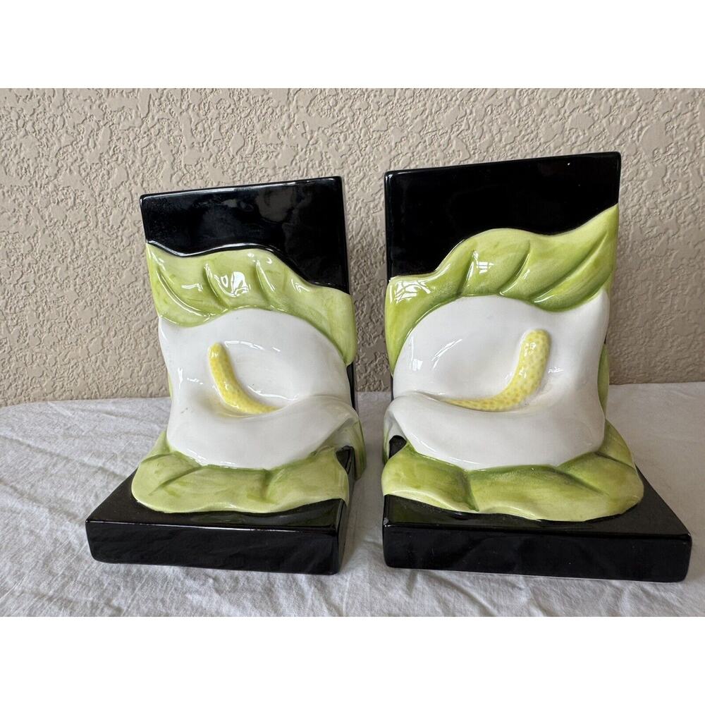 Vintage Japan Bookends Ceramic Black Floral Calla Lily Modernist MCM Flowers